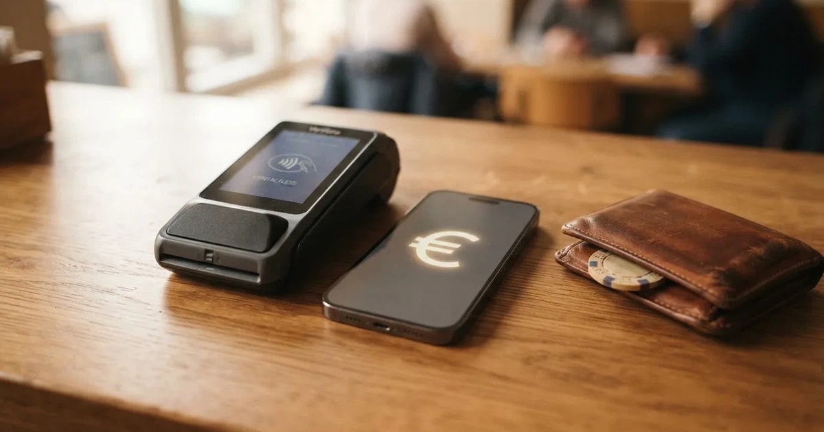Kartenterminal und Smartphone auf einem Holztisch neben einer Geldbörse — online casino schnelle auszahlung